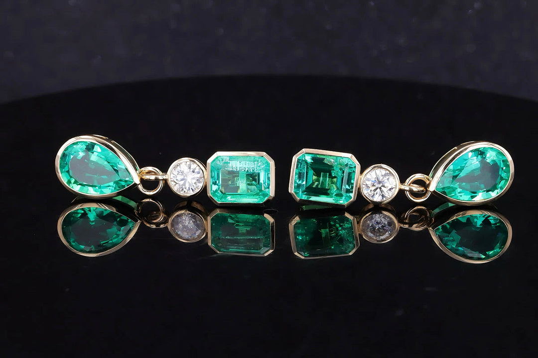 8x12mm Pear & 7x9mm Emerald Cut 4.90ctw Lab-Grown Colombian Emerald Bezel-Set Dangle Earrings with Diamond in 14K Yellow Gold