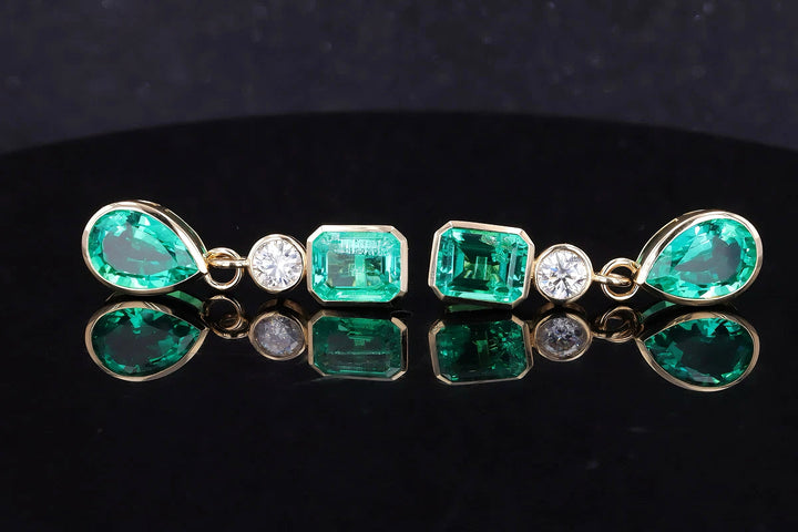 8x12mm Pear & 7x9mm Emerald Cut 4.90ctw Lab-Grown Colombian Emerald Bezel-Set Dangle Earrings with Diamond in 14K Yellow Gold