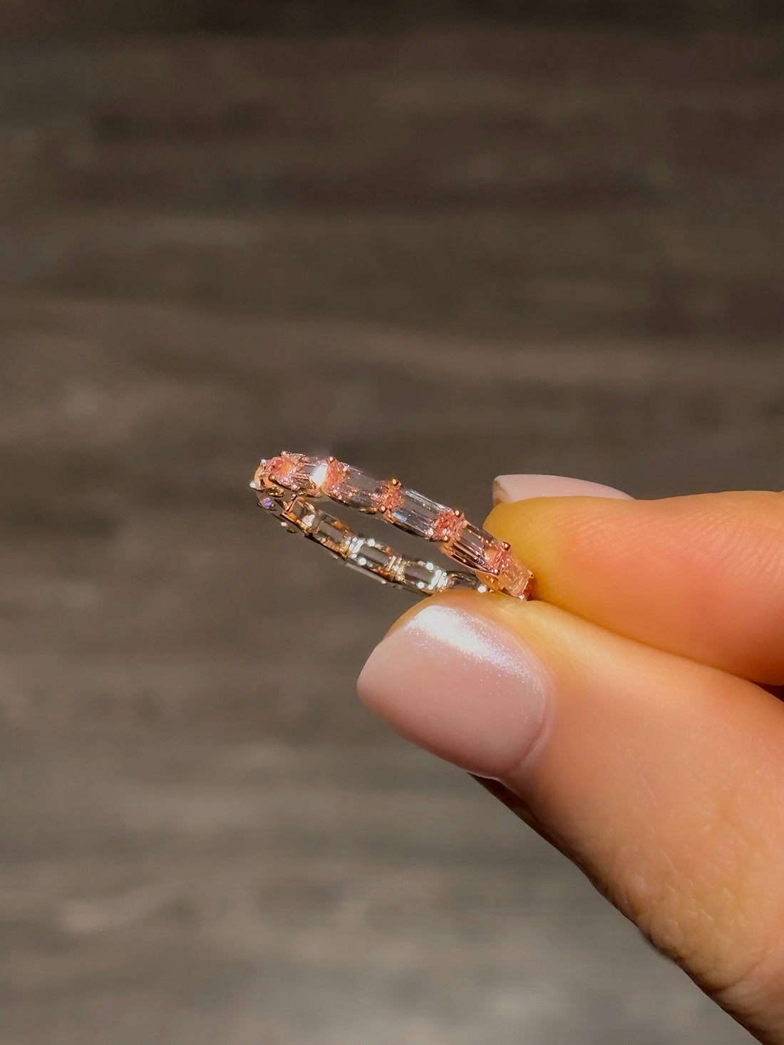 East-west pink lab sapphire eternity band, view 9