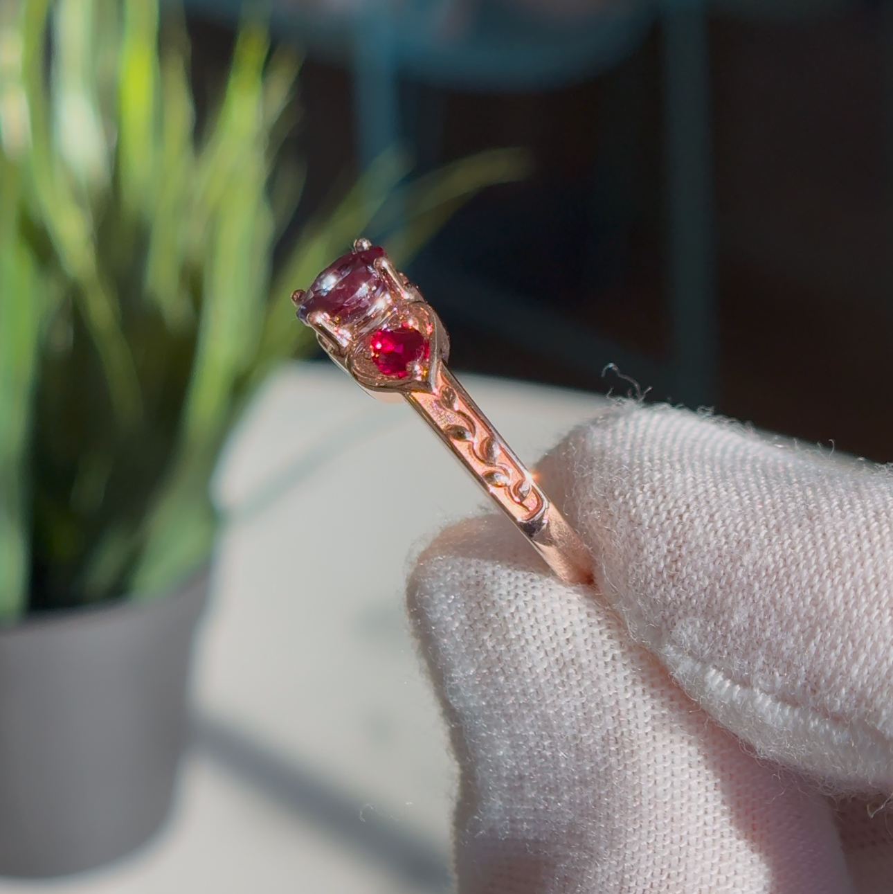 Customized™ 1.00ct Round Alexandrite with Natural Rubies Three-Stone Ring in 10K Solid Rose Gold