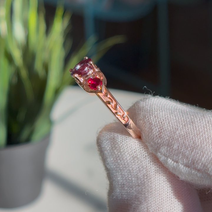 Customized™ 1.00ct Round Alexandrite with Natural Rubies Three-Stone Ring in 10K Solid Rose Gold