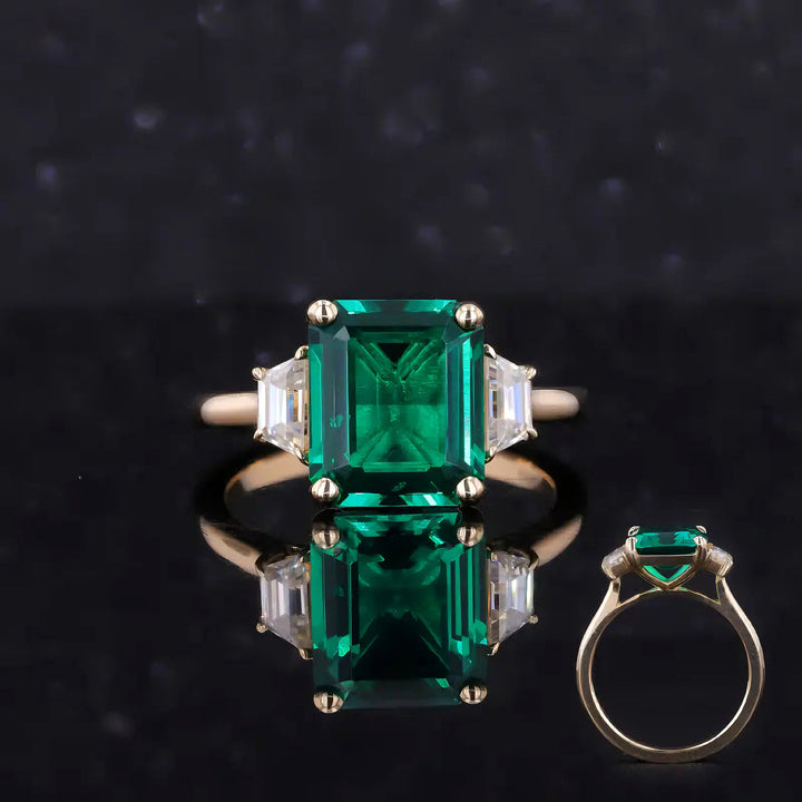8x10mm, 3.00ct Lab-Grown Zambian Emerald with Diamond Three-Stone Ring in 14K Yellow Gold