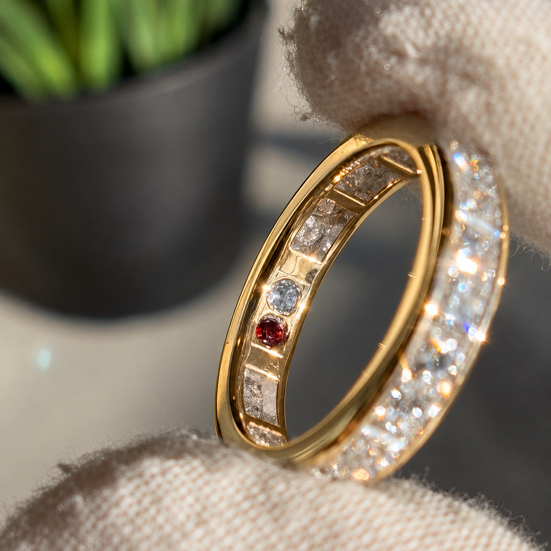 Princess-Cut Channel-Set Eternity Band (4mm) in 14K yellow gold, lifestyle