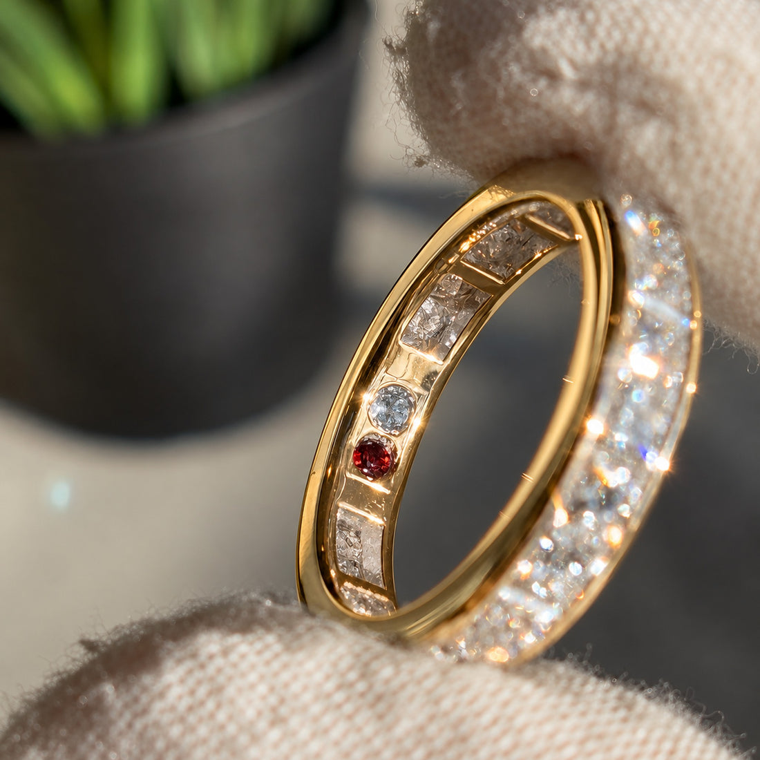 Princess-Cut Channel-Set Eternity Band (4mm) in 14K yellow gold, lifestyle