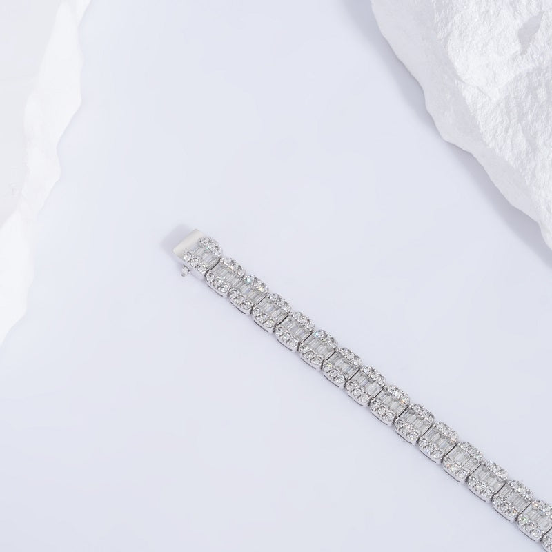 5mm, 6ct Baguette and Round Cut Diamond Bracelet in 14K Solid White Gold