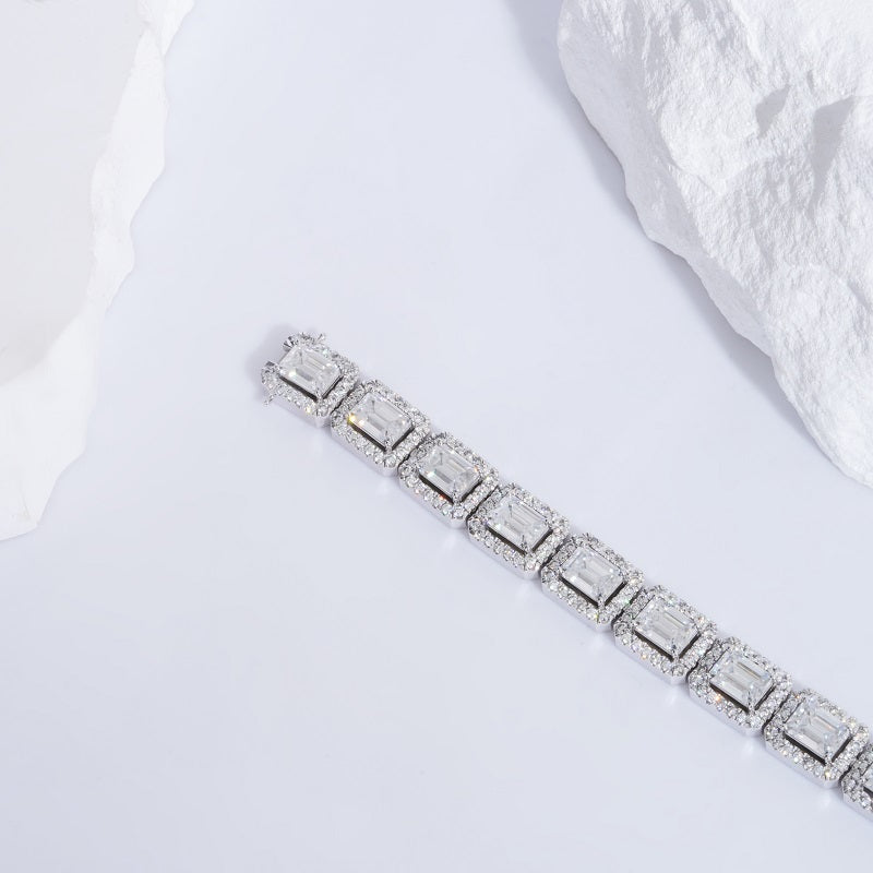 8mm, 20ct Emerald and Round Cut Diamond Bracelet in 14K Solid White Gold