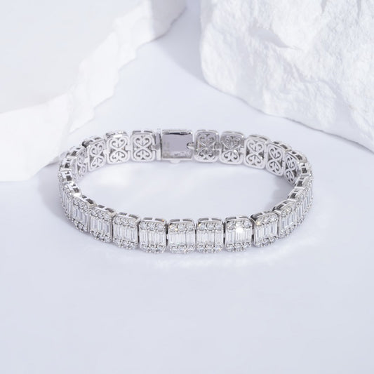 7mm, 11ct Baguette and Round Cut Diamond Bracelet in 14K Solid White Gold