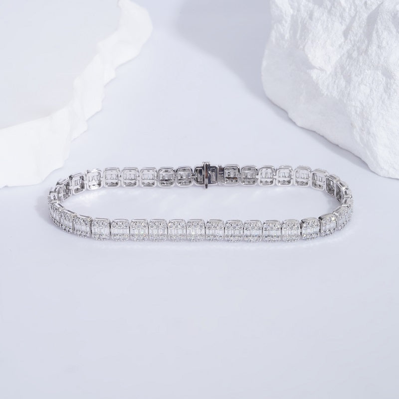 5mm, 6ct Baguette and Round Cut Diamond Bracelet in 14K Solid White Gold