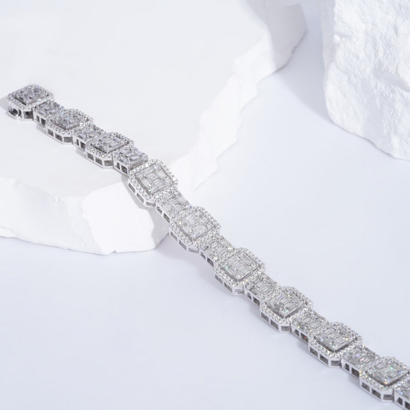 6/8mm, 9ct Baguette and Round Cut Diamond Bracelet in 14K Solid White Gold