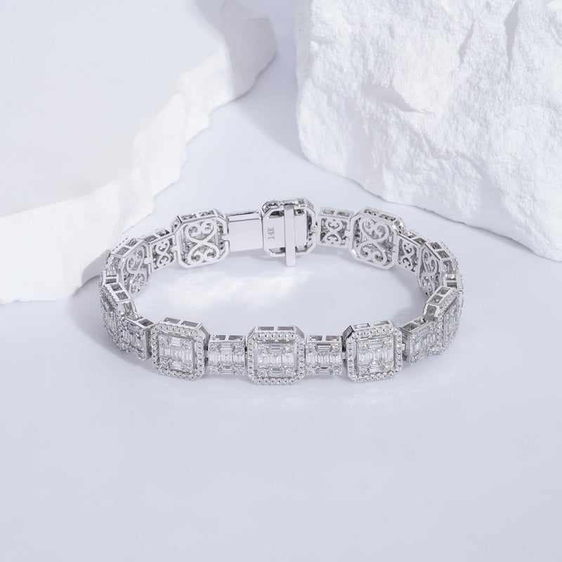 6/8mm, 9ct Baguette and Round Cut Diamond Bracelet in 14K Solid White Gold