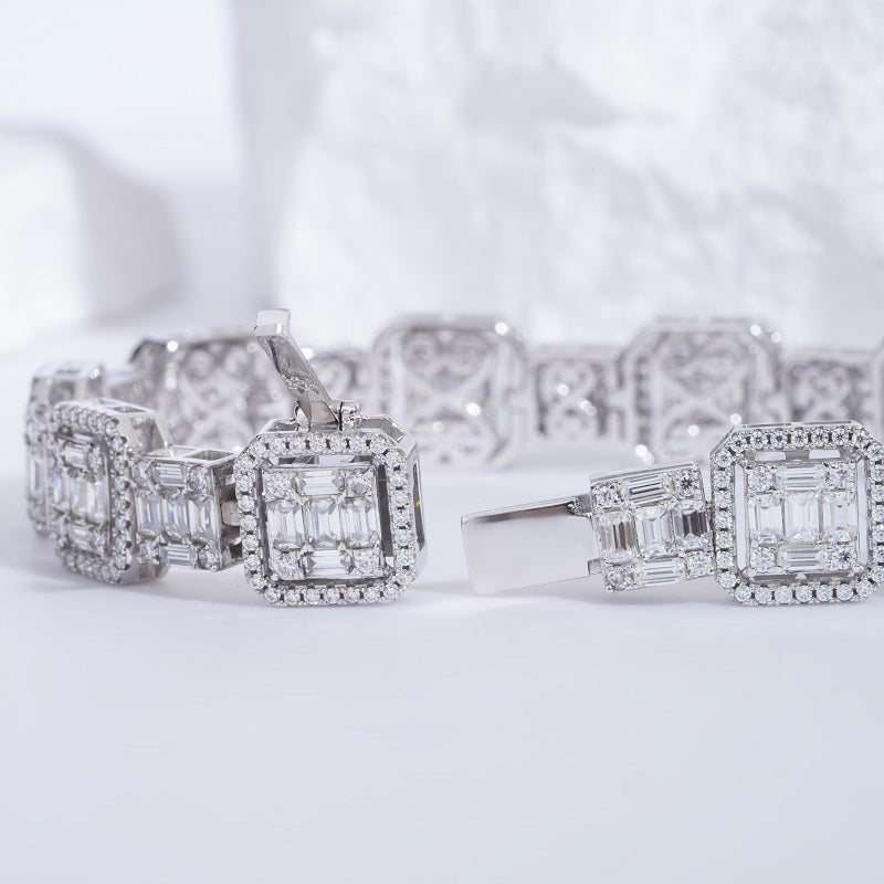 6/8mm, 9ct Baguette and Round Cut Diamond Bracelet in 14K Solid White Gold