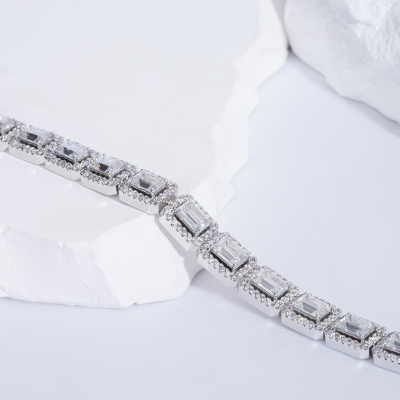 8mm, 20ct Emerald and Round Cut Diamond Bracelet in 14K Solid White Gold