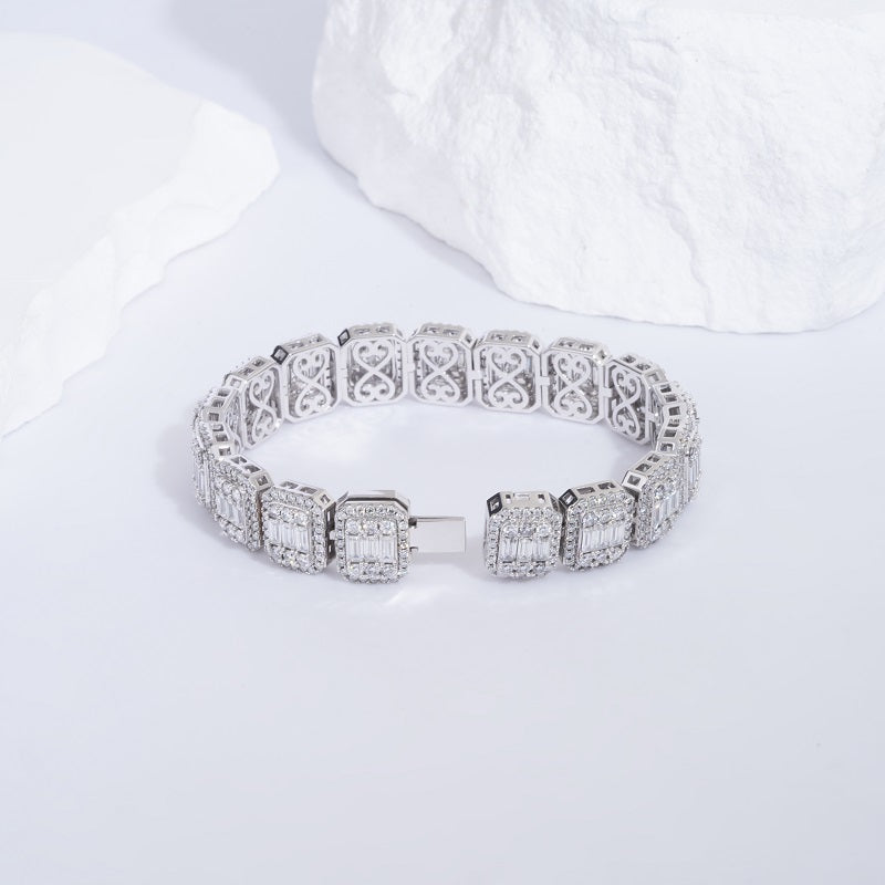 10mm, 12ct Baguette and Round Cut Diamond Bracelet in 14K Solid White Gold