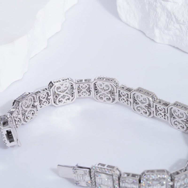 6/8mm, 9ct Baguette and Round Cut Diamond Bracelet in 14K Solid White Gold