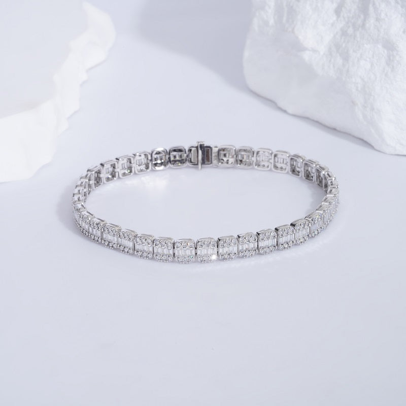 5mm, 6ct Baguette and Round Cut Diamond Bracelet in 14K Solid White Gold