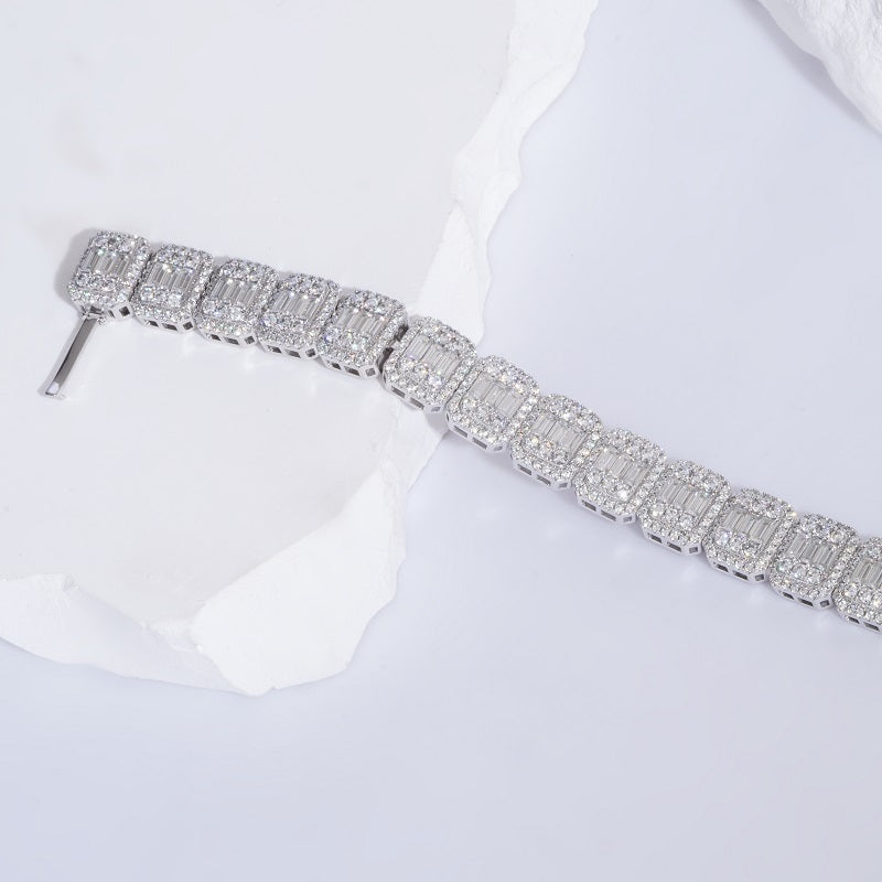 10mm, 12ct Baguette and Round Cut Diamond Bracelet in 14K Solid White Gold