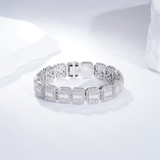 10mm, 12ct Baguette and Round Cut Diamond Bracelet in 14K Solid White Gold