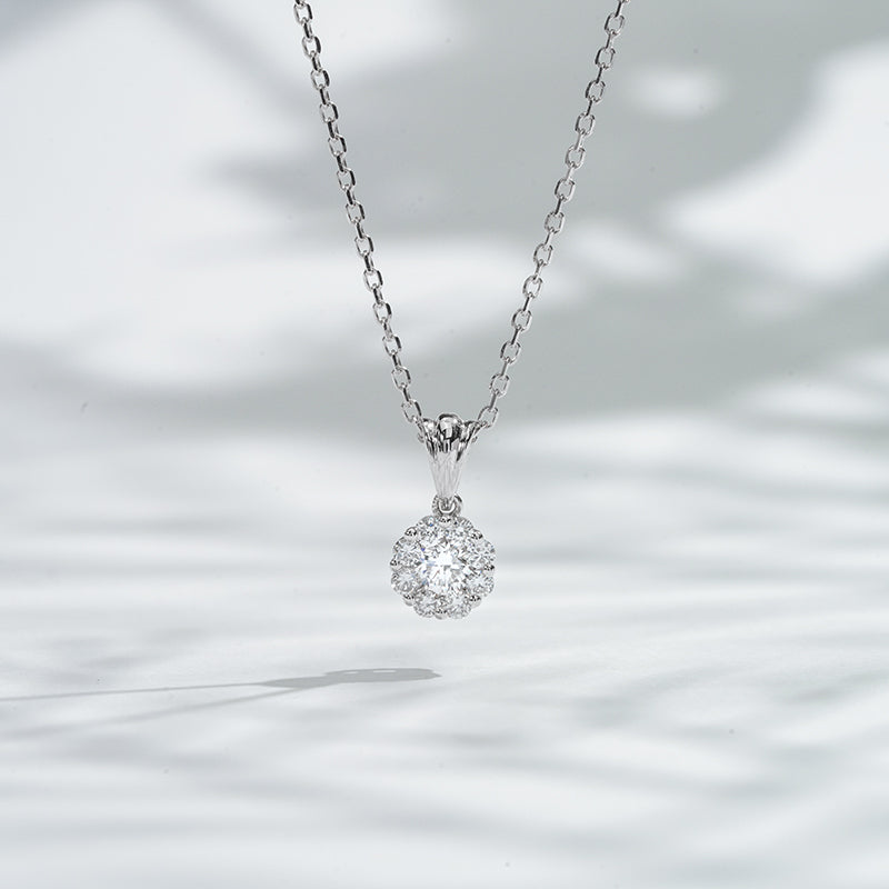 6.4mm, 0.3ct Round Cut Lab Diamond Daisy Flower Pendant Necklace in 18K Solid White Gold