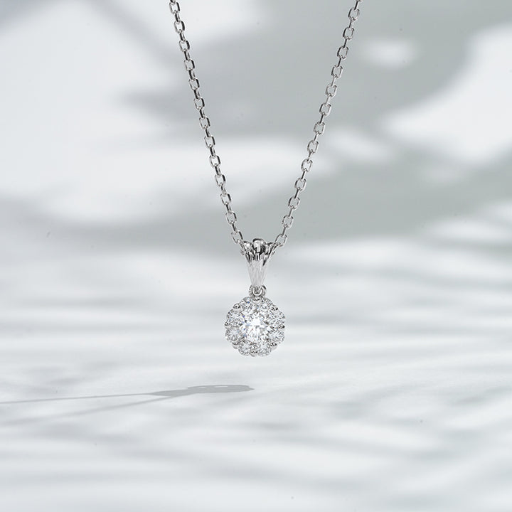6.4mm, 0.3ct Round Cut Lab Diamond Daisy Flower Pendant Necklace in 18K Solid White Gold