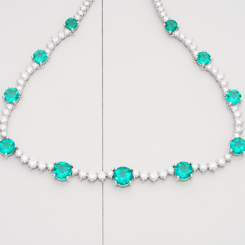 10ctw Round Lab-Grown Colombian Emerald with Tennis Moissanite Necklace in 14K White Gold