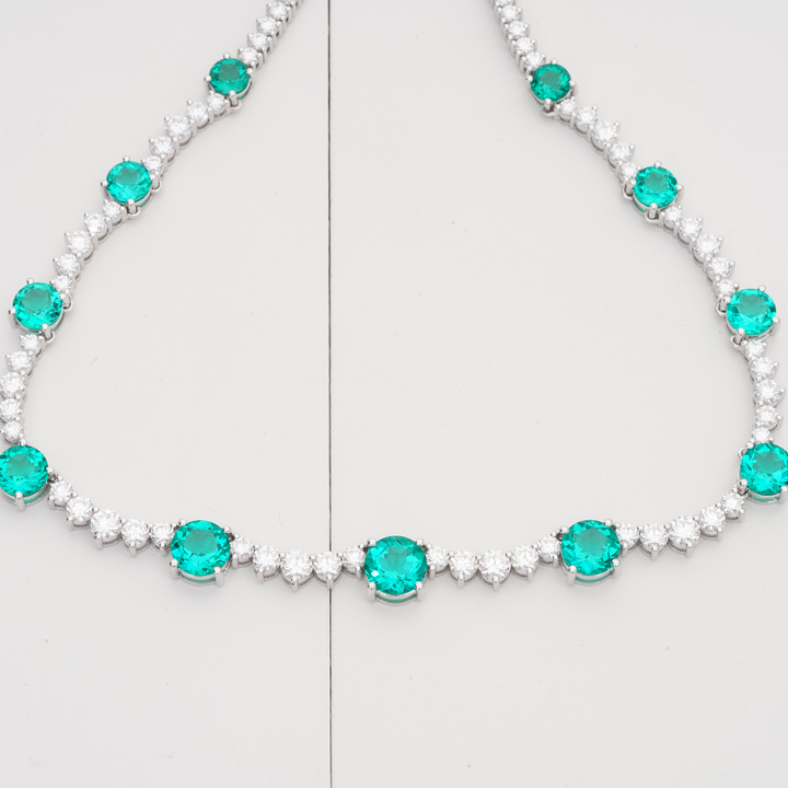 10ctw Round Lab-Grown Colombian Emerald with Tennis Moissanite Necklace in 14K White Gold