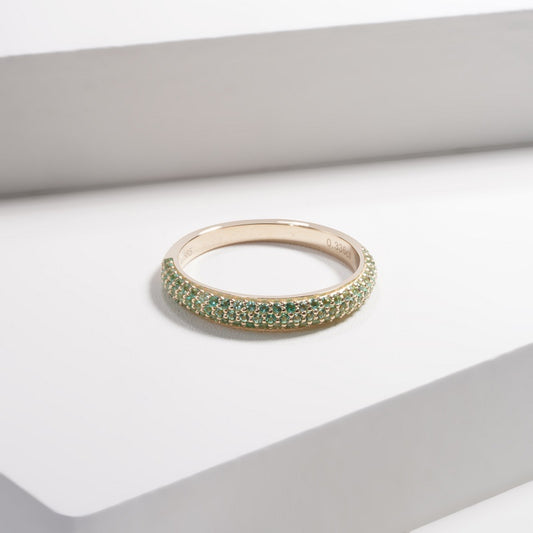 Emerald Triple-Row Pave Half Eternity Band Ring in 14K Solid Yellow Gold