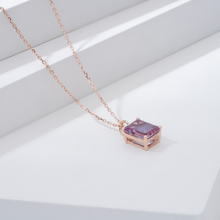 7*9mm, 3ct Emerald Cut Alexandrite Pendant Necklace in 14K Solid Rose Gold