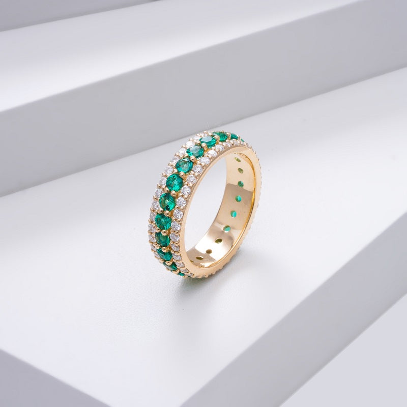 Zambian Lab-Grown Emerald and Moissanite Eternity Band Ring in 14K Solid Yellow Gold