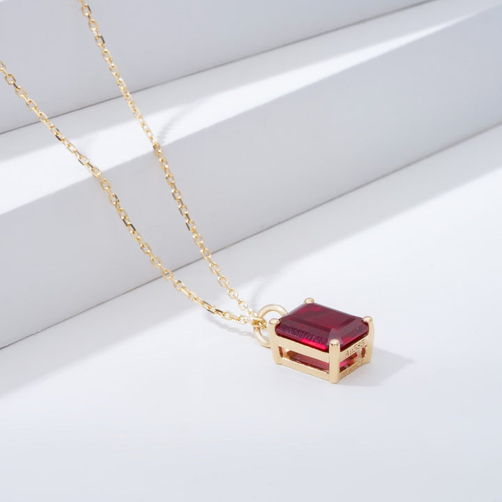 7x9mm, 3ct Emerald Cut Red Ruby Pendant Necklace in 14K Solid Yellow Gold