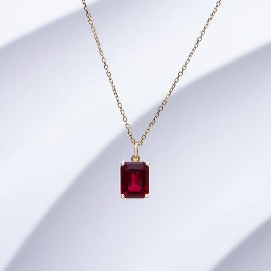 7*9mm, 3ct Emerald Cut Red Ruby Pendant Necklace in 14K Solid Yellow Gold