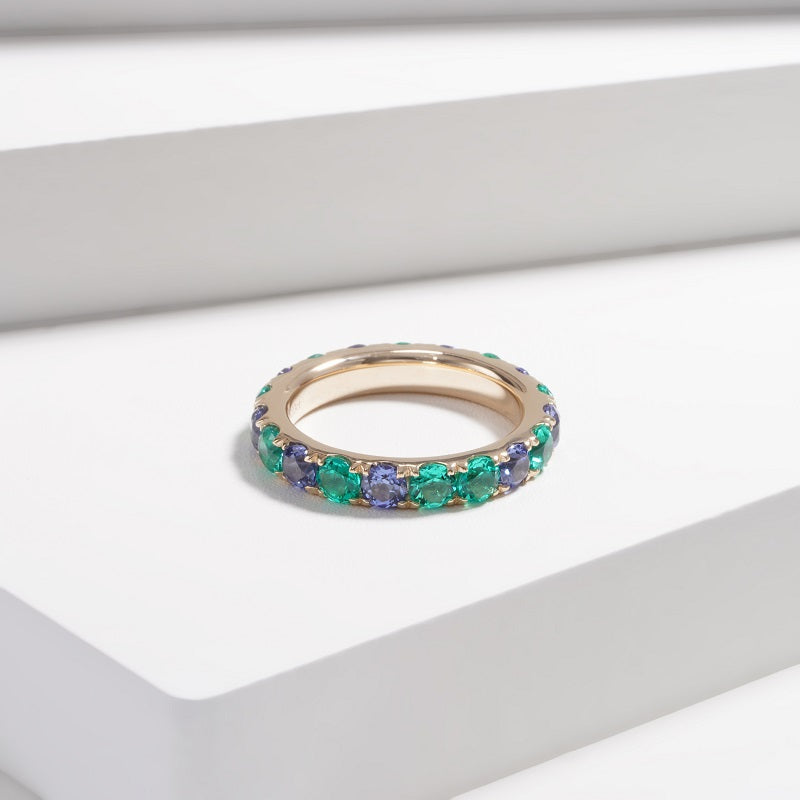 Colombian Lab-Grown Emerald and Blue Sapphire Eternity Band Ring in 14K Solid Yellow Gold