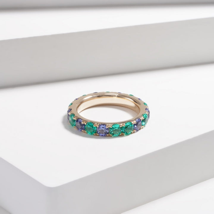 3.60ctw Lab-Grown Colombian Emerald & Blue Sapphire Eternity Band Ring in 14K Yellow Gold