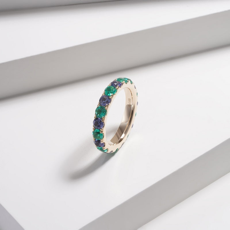 Colombian Lab-Grown Emerald and Blue Sapphire Eternity Band Ring in 14K Solid Yellow Gold