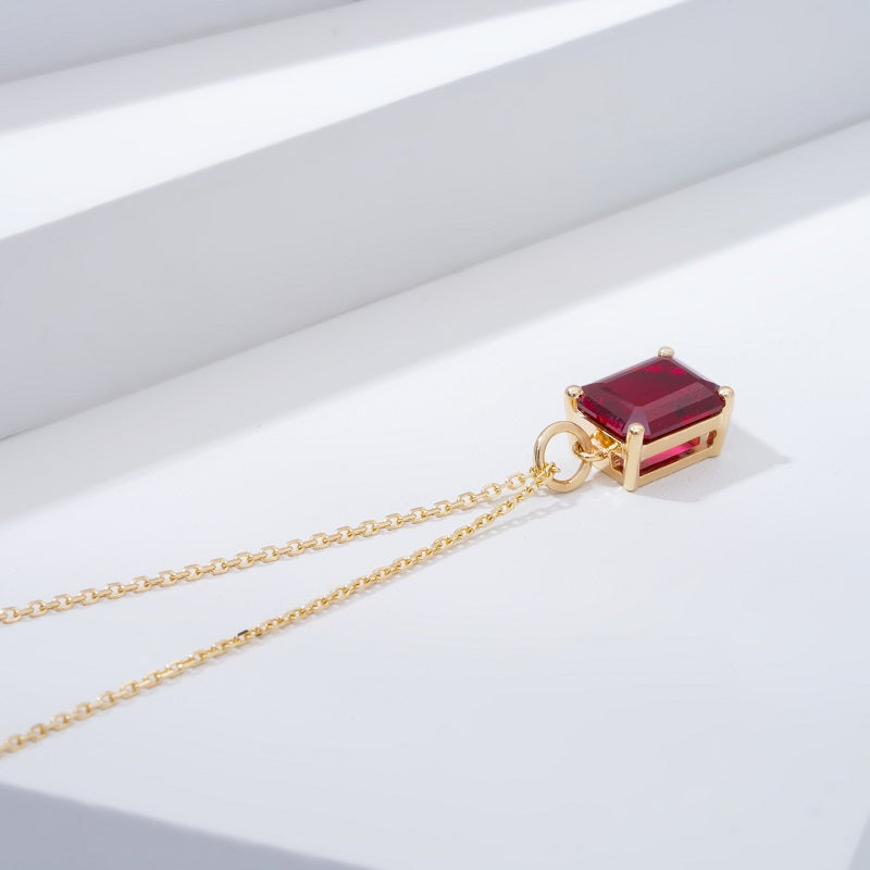 7x9mm, 3ct Emerald Cut Red Ruby Pendant Necklace in 14K Solid Yellow Gold