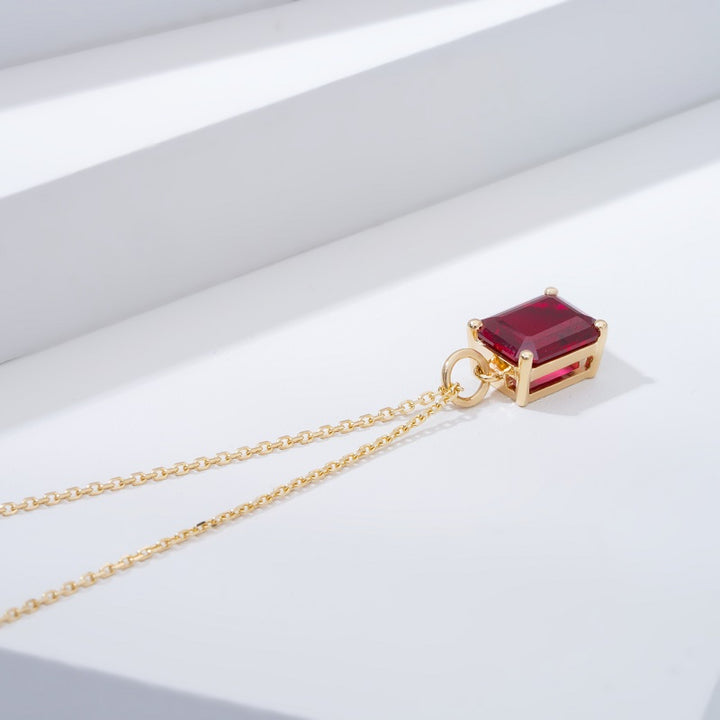 7x9mm, 3ct Emerald Cut Red Ruby Pendant Necklace in 14K Solid Yellow Gold