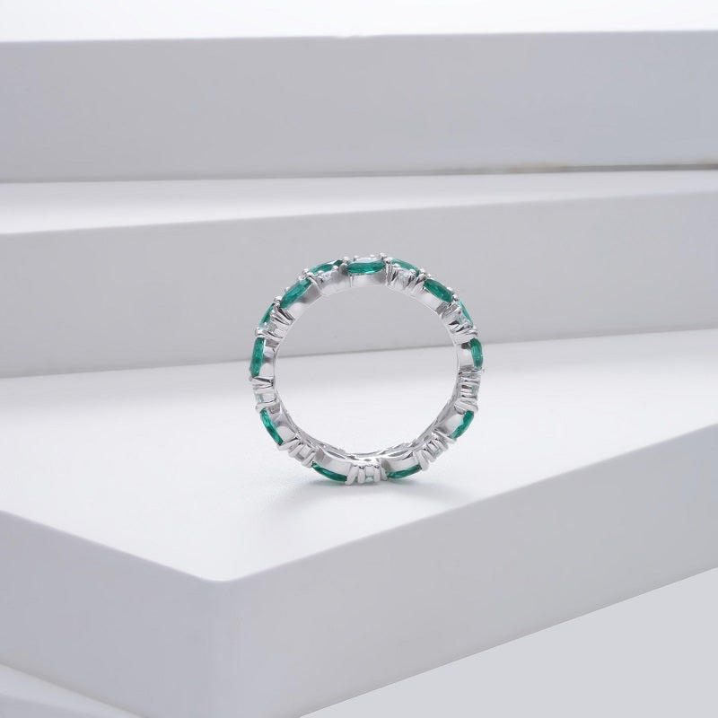 Lab-Grown Marquise cut Zambian Emerald and Round Moissanite Eternity Band Ring in 14K Solid White Gold