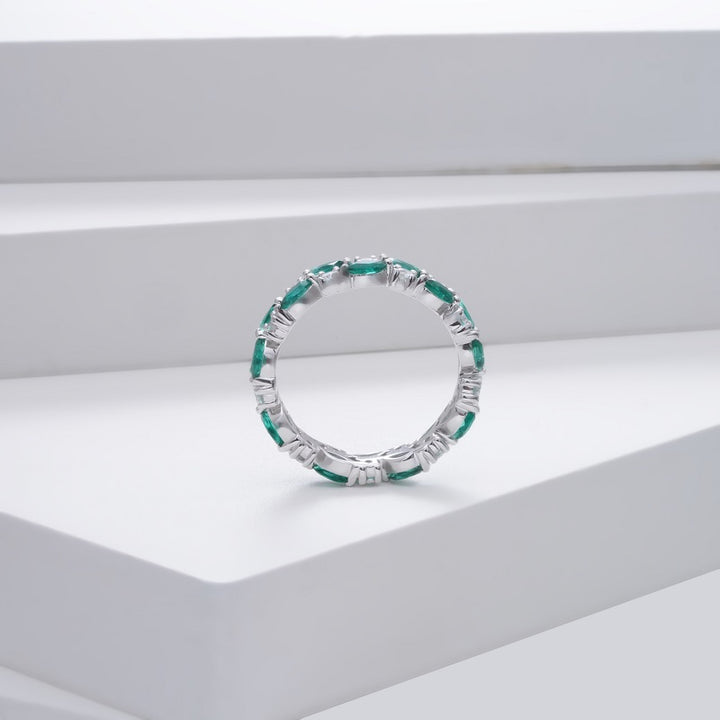 1.30ctw Lab-Grown Marquise Zambian Emerald & Round Diamond Eternity Band Ring in 14K White Gold