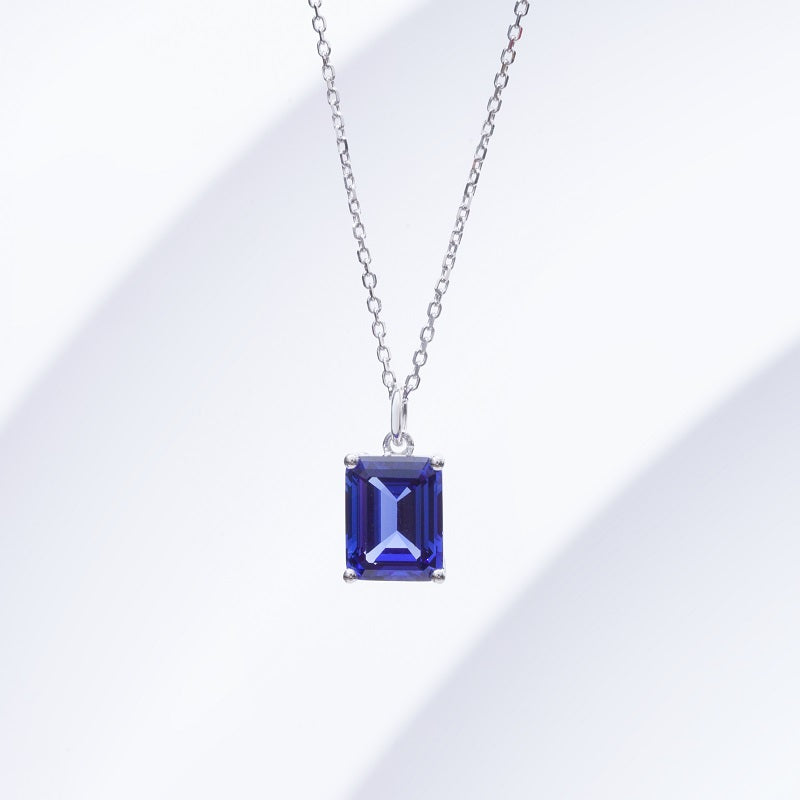 7*9mm, 3ct Emerald Cut Blue Sapphire Pendant Necklace in 14K Solid White Gold