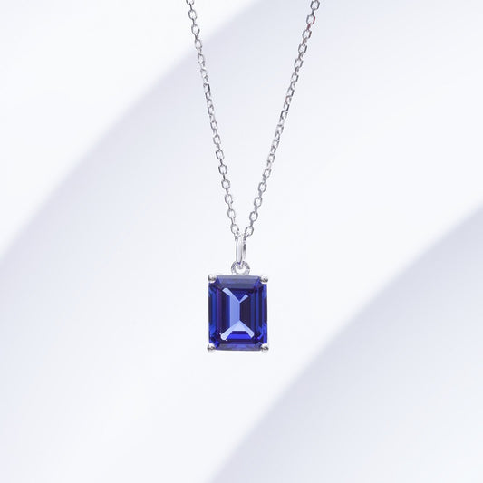 7*9mm, 3ct Emerald Cut Blue Sapphire Pendant Necklace in 14K Solid White Gold