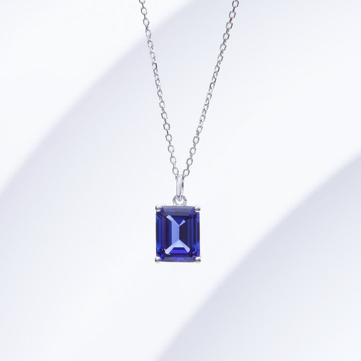 7x9mm, 3.00ct Emerald Lab-Grown Blue Sapphire Pendant Necklace in 14K White Gold