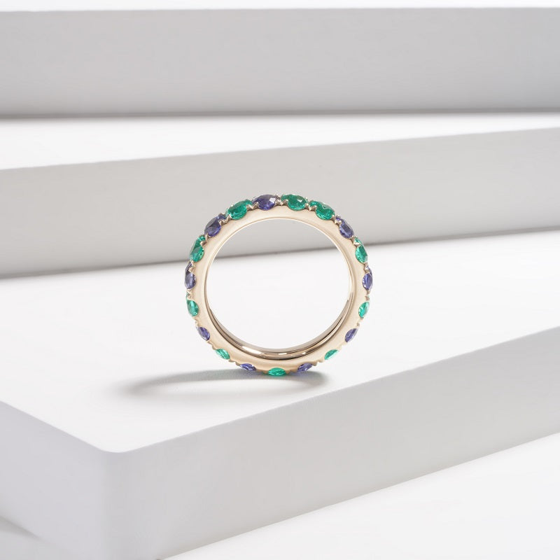 Emerald and blue sapphire alternating eternity band, view 7