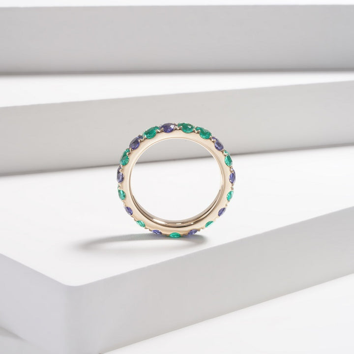 3.60ctw Lab-Grown Colombian Emerald & Blue Sapphire Eternity Band Ring in 14K Yellow Gold
