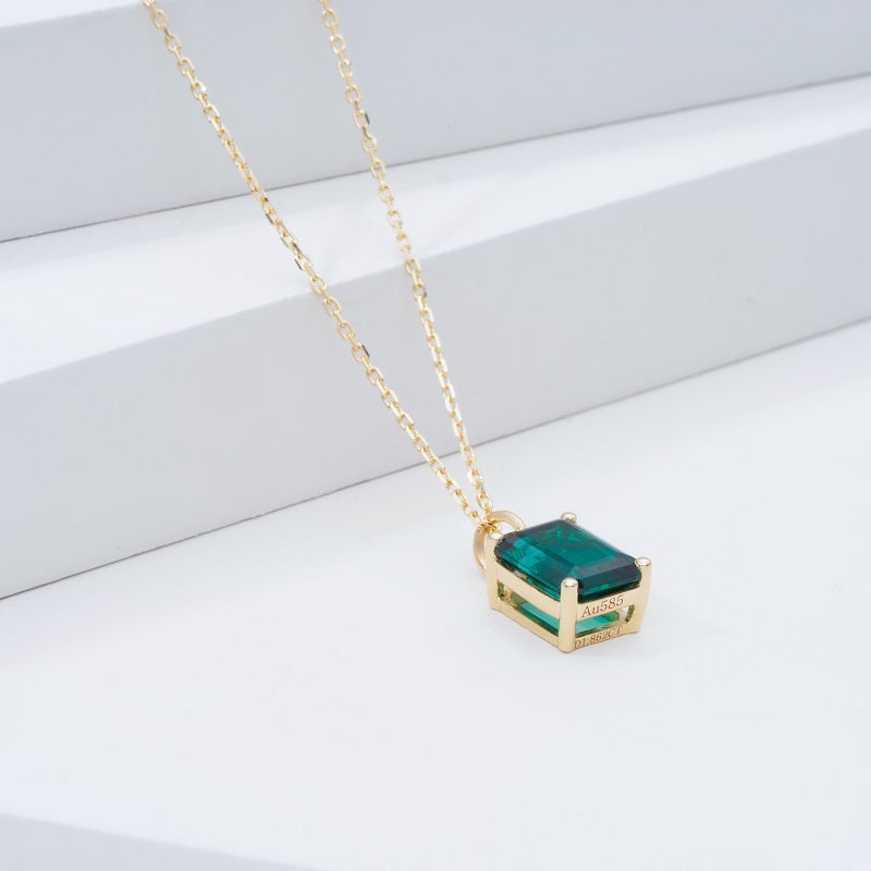 7*9mm, 2ct Emerald Cut Green Emerald Pendant Necklace in 14K Solid Yellow Gold