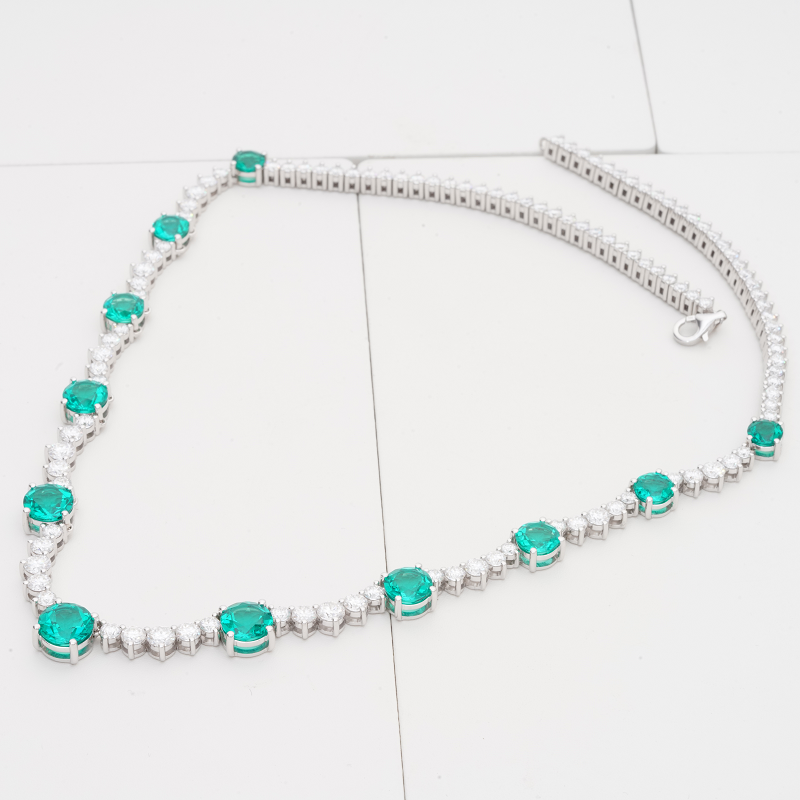 10ctw Round Lab-Grown Colombian Emerald with Tennis Moissanite Necklace in 14K White Gold