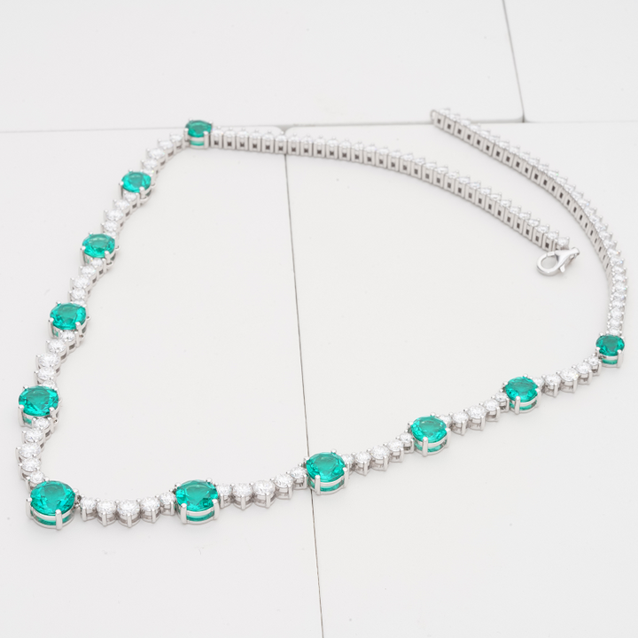 10ctw Round Lab-Grown Colombian Emerald with Tennis Moissanite Necklace in 14K White Gold