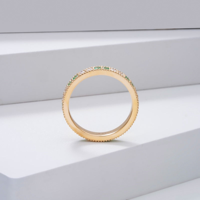 Emerald and Moissanite Eternity Band Ring in 14K Solid Yellow Gold