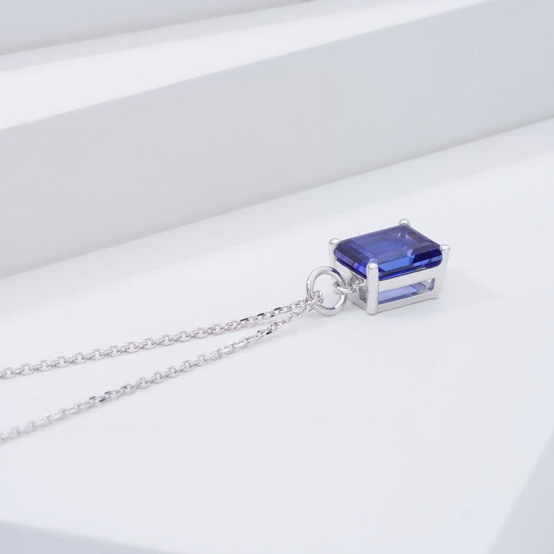 7*9mm, 3ct Emerald Cut Blue Sapphire Pendant Necklace in 14K Solid White Gold