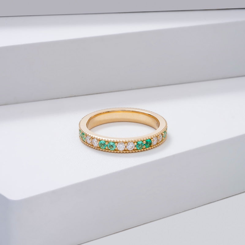 Emerald and Moissanite Eternity Band Ring in 14K Solid Yellow Gold