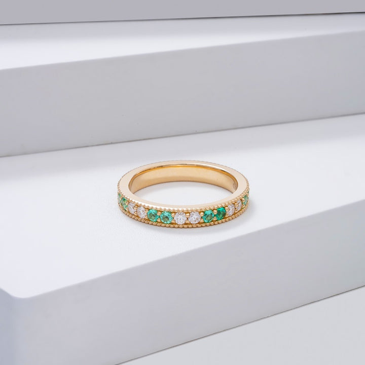 0.48ctw Colombian Lab-Grown Emerald & Diamond Eternity Band Ring in 14K Yellow Gold
