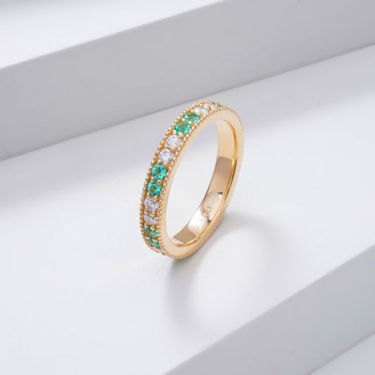 Emerald and Moissanite Eternity Band Ring in 14K Solid Yellow Gold